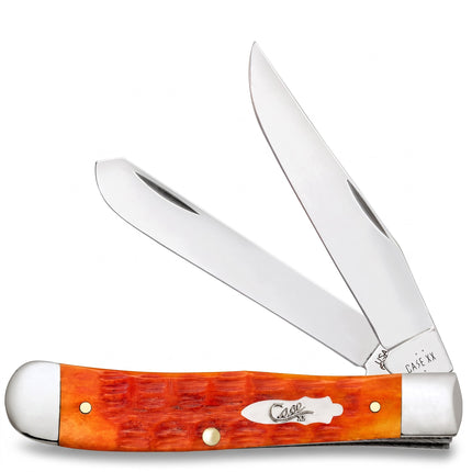 Razor Sharp AZ Case Trapper pocket knife with orange and red jigged bone handle and two polished steel blades.