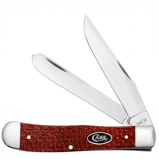 Razor Sharp AZ Case Trapper knife with dark red burlap Micarta handle and two mirror-polished carbon steel blades.