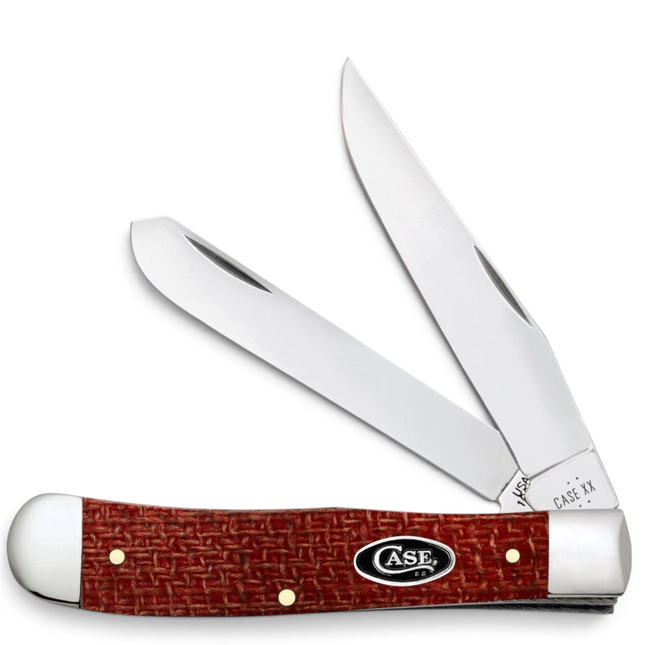 Razor Sharp AZ Case Trapper knife with dark red burlap Micarta handle and two mirror-polished carbon steel blades.