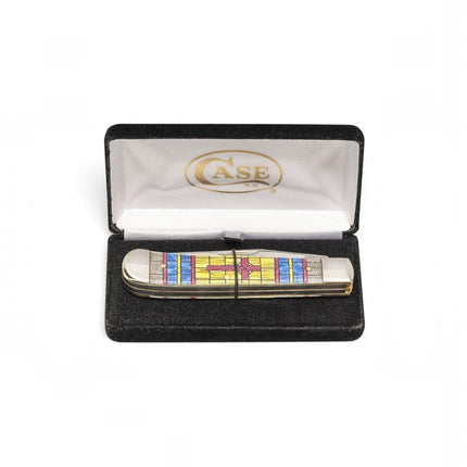 Razor Sharp AZ Case Trapper knife with stained glass style natural bone handle in a black presentation gift box.