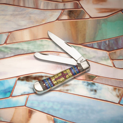 Razor Sharp AZ Case Trapper knife with stained glass style natural bone handle and two stainless steel blades