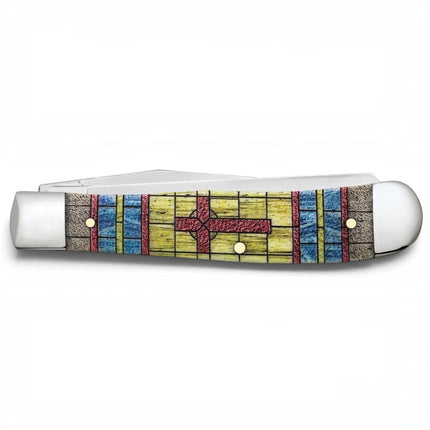 Razor Sharp AZ Case Trapper knife with a smooth natural bone handle featuring a stained glass cross design.