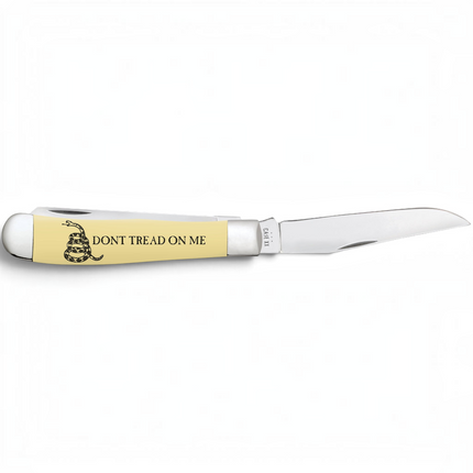 Razor Sharp AZ Case Trapper knife with a yellow synthetic handle featuring a Dont Tread on Me graphic and steel blade.
