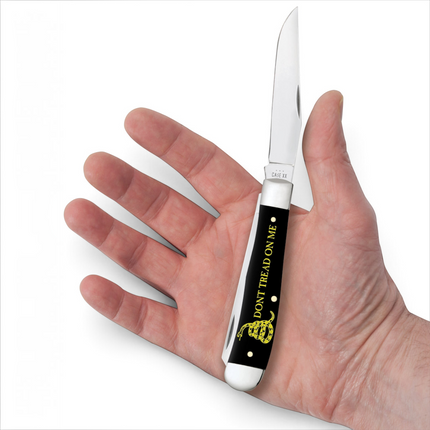 Razor Sharp AZ Case Dont Tread on Me trapper knife with black synthetic handle and mirror-polished stainless blades
