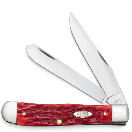 Razor Sharp AZ Case Trapper knife with dark red bone peach seed jig handle and two mirror-polished carbon steel blades