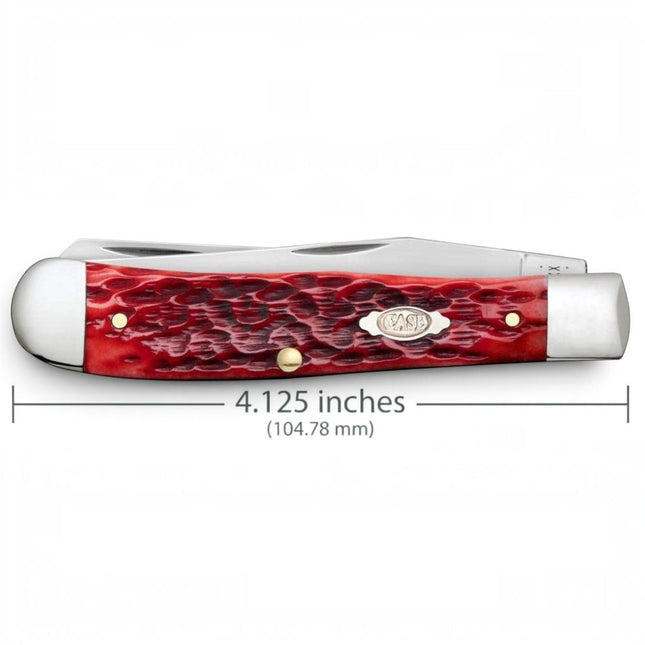 Razor Sharp AZ Case Trapper pocket knife with a dark red peach seed jig bone handle and mirror-polished steel blades.