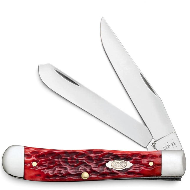 Razor Sharp AZ Case Trapper pocket knife with dark red peach seed jig bone handle and two polished chrome steel blades