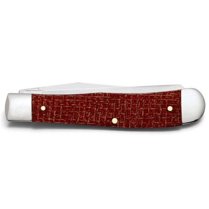 Razor Sharp AZ Case Trapper knife with a dark red burlap Micarta handle and polished carbon steel blades.