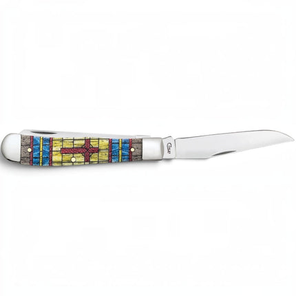 Razor Sharp AZ Case Trapper knife with a smooth natural bone handle featuring a colorful stained glass cross design.