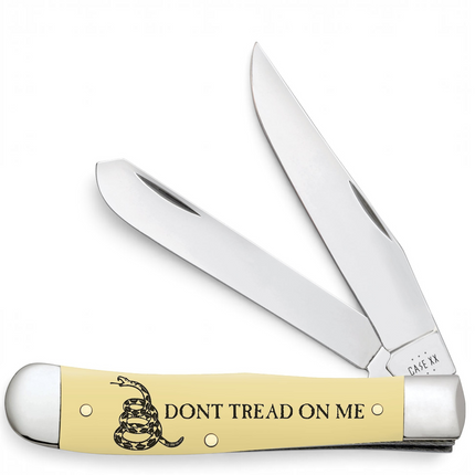 Razor Sharp AZ Case Trapper knife with yellow synthetic handle, Dont Tread on Me graphic, and two stainless blades.