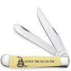 Razor Sharp AZ Case Trapper knife with yellow synthetic handle, Dont Tread on Me graphic, and two stainless blades.