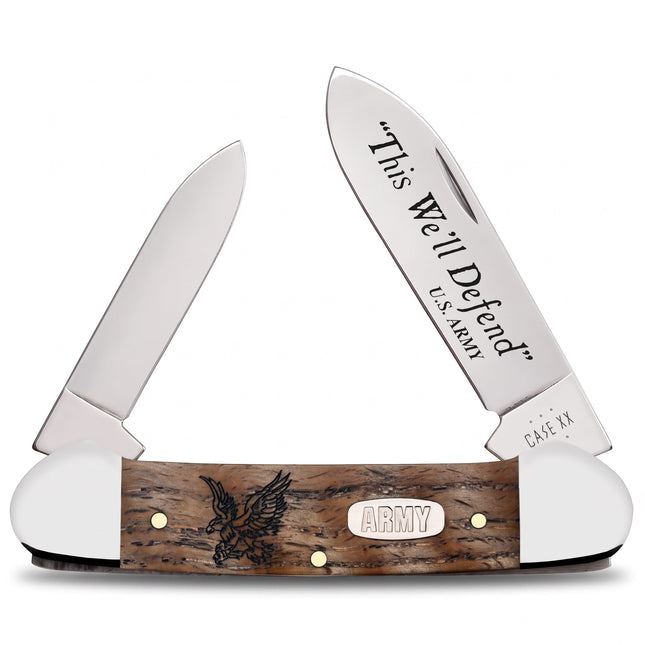 Razor Sharp AZ Case U.S. Army Canoe pocket knife with smooth natural curly oak handle and engraved stainless steel blades