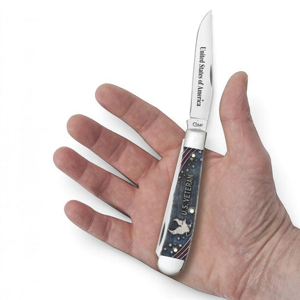 Razor Sharp AZ Case U.S. Veteran Trapper knife with smooth natural bone handle and patriotic flag embellishment