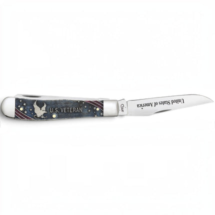 Razor Sharp AZ Case U.S. Veteran Trapper knife with smooth natural bone handle featuring eagle and flag embellishments
