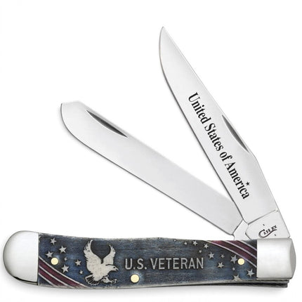 Razor Sharp AZ Case U.S. Veteran Trapper knife with smooth natural bone handle, eagle graphic, and stainless steel blades