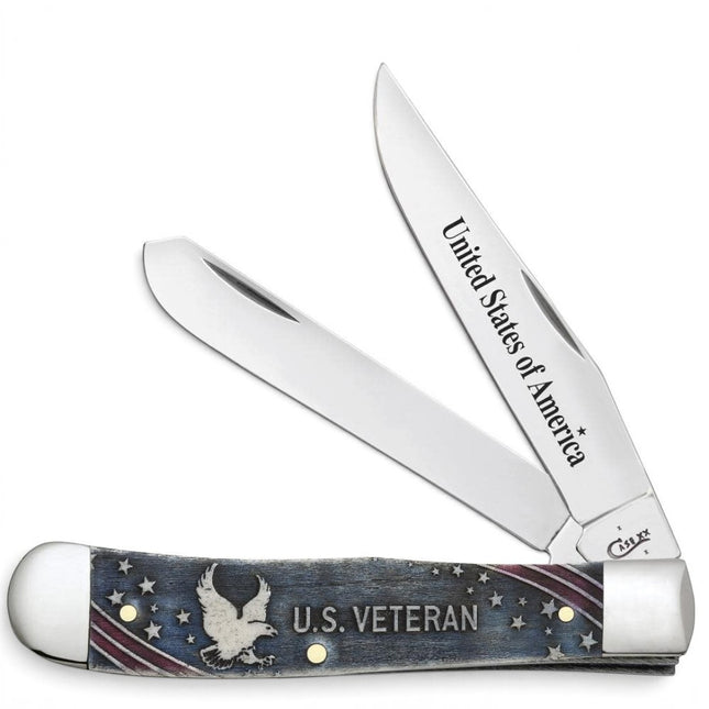Razor Sharp AZ Case U.S. Veteran Trapper knife with smooth natural bone handle, eagle graphic, and stainless steel blades