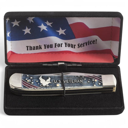 Razor Sharp AZ Case U.S. Veteran Trapper knife with natural bone handle and eagle graphic in a velvet gift box
