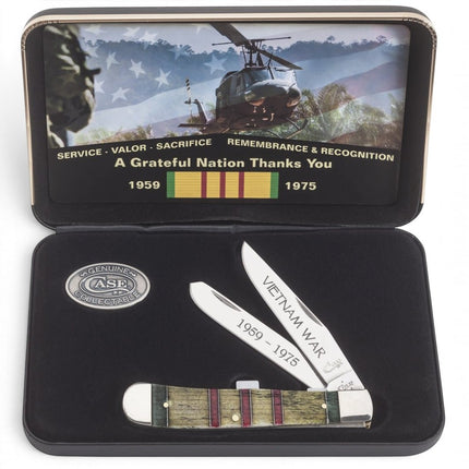 Razor Sharp AZ Case Vietnam War gift set featuring a smooth natural bone trapper knife with engraved stainless blades.
