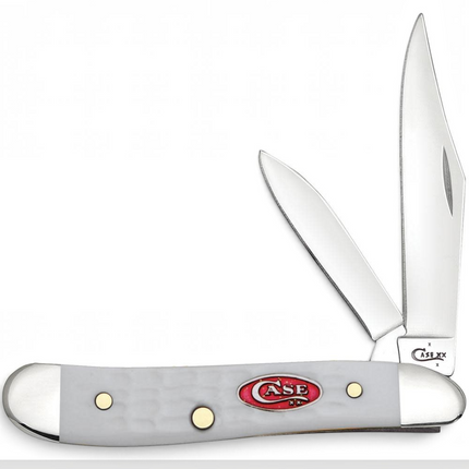 Razor Sharp AZ Case SparXX Peanut knife with white jigged synthetic handle, red shield, and two stainless steel blades