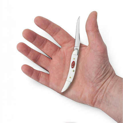 Razor Sharp AZ Case SparXX white synthetic Texas Toothpick pocket knife with a clip blade held in a person's palm.