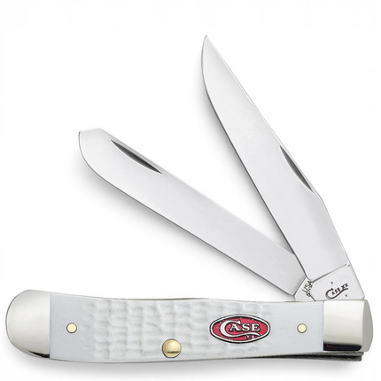 Razor Sharp AZ Case SparXX Trapper knife with jigged white synthetic handle and mirror-polished stainless steel blades