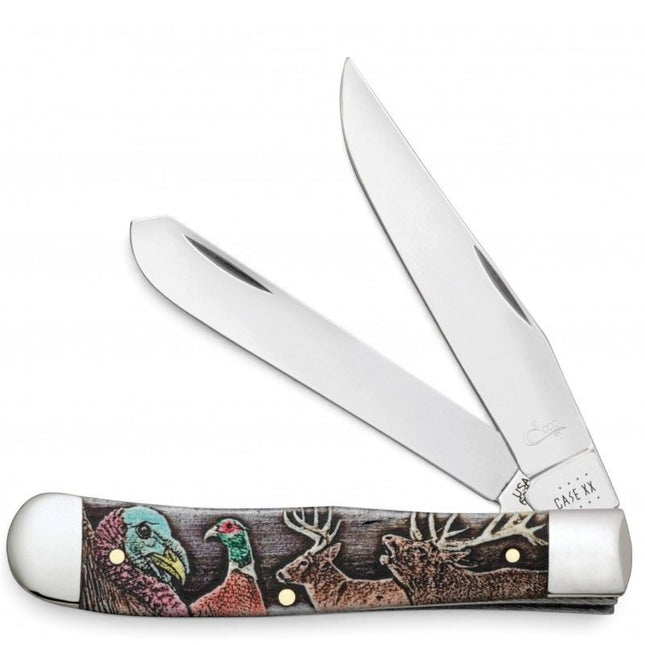 Razor Sharp AZ Case Wild Game Series Trapper knife with engraved bone handle featuring turkey and deer illustrations.