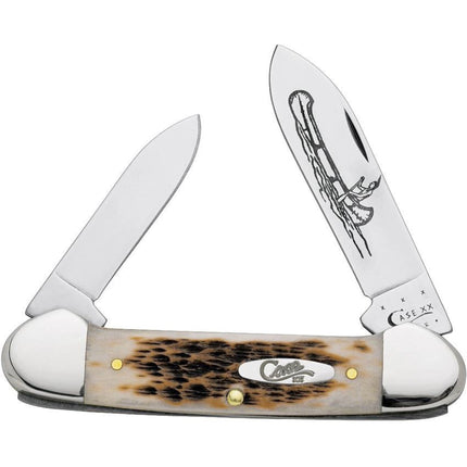 Razor Sharp AZ Case XX Canoe folding pocket knife with amber jigged bone handle and etched carbon steel blades