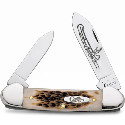 Razor Sharp AZ Case XX Canoe folding pocket knife with amber jigged bone handle and etched spear and pen blades.