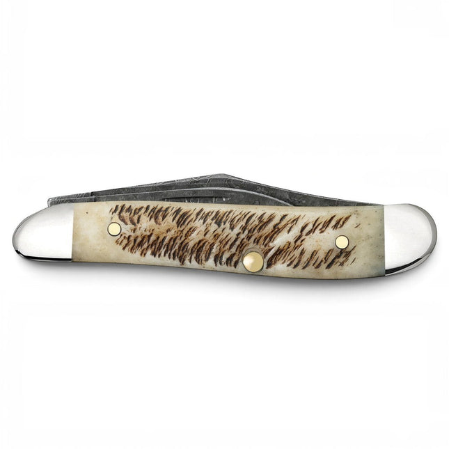 Razor Sharp AZ Case XX Peanut Damascus pocket knife with a textured vintage bone handle and polished nickel bolsters.