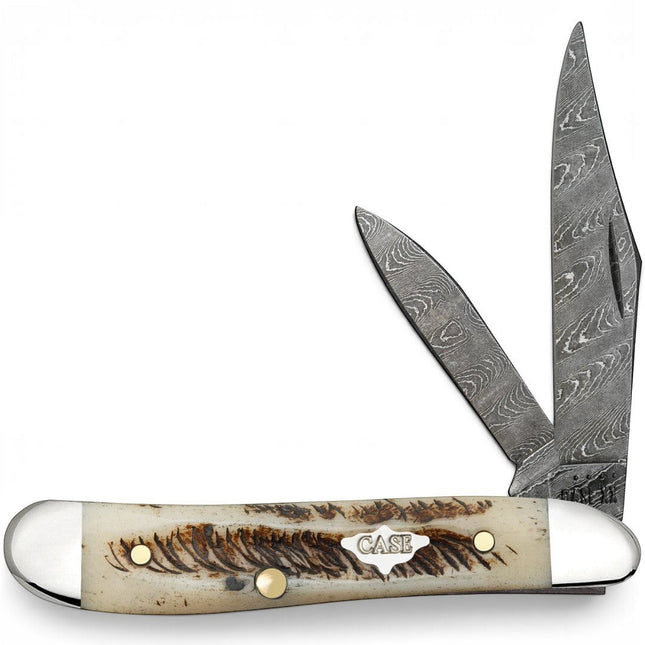 Razor Sharp AZ Case XX Peanut pocket knife with Damascus steel blades and a textured vintage bone handle.