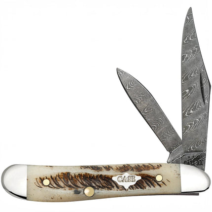 Razor Sharp AZ Case XX Peanut pocket knife with vintage bone handle, nickel silver bolsters, and Damascus steel blades.