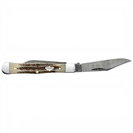 Razor Sharp AZ Case XX Swell Center Jack pocket knife with vintage bone handle and Damascus steel ladder pattern blade