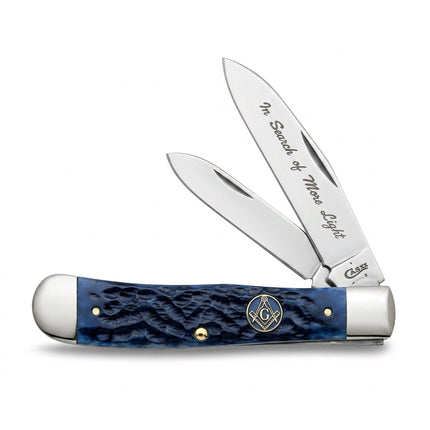 Razor Sharp AZ Case XX Masonic Trapper knife with blue jigged bone handle and engraved stainless steel blades
