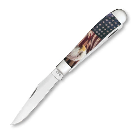 Razor Sharp AZ Case XX Patriotic Trapper knife with American bald eagle synthetic handle and polished steel blade.