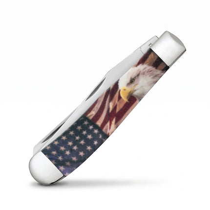 Razor Sharp AZ Case XX Patriotic Trapper folding knife with an American bald eagle and flag design on the handle.