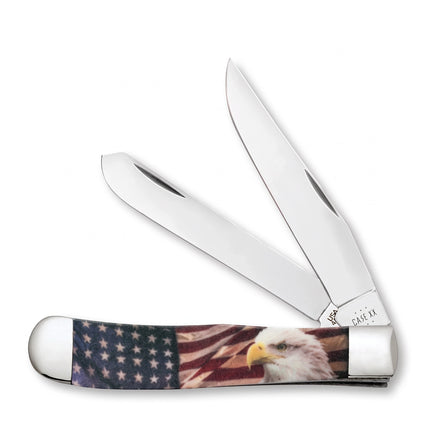 Razor Sharp AZ Case XX Patriotic Trapper knife with American eagle handle, dual steel blades, and silver bolsters.