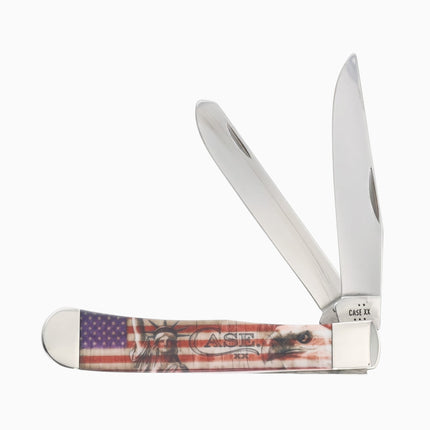 Razor Sharp AZ Case XX Trapper folding knife with patriotic Statue of Liberty handle and two polished steel blades.