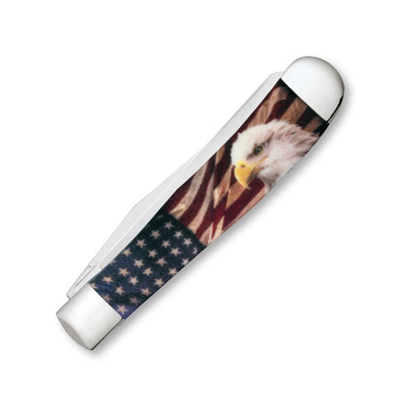Razor Sharp AZ Case XX Patriotic Trapper knife featuring an American bald eagle and flag design on a synthetic handle.