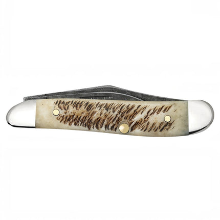 Razor Sharp AZ Case XX Peanut pocket knife with vintage bone handle, Damascus steel blades, and nickel silver bolsters.