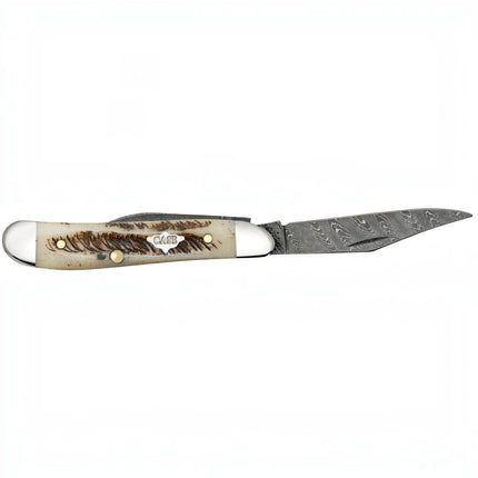 Razor Sharp AZ Case XX Peanut pocket knife with vintage bone handle, nickel silver bolsters, and Damascus steel blade.