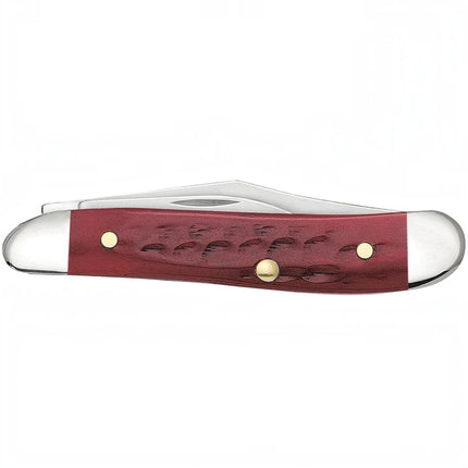Razor Sharp AZ Case XX Peanut pocket knife with red jigged bone handles, nickel silver bolsters, and dual blades.