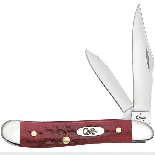 Razor Sharp AZ Case XX Peanut pocket knife with red jigged bone handles, dual stainless steel blades, and silver bolsters