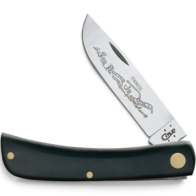 Razor Sharp AZ Case XX Sod Buster Jr folding knife with a black synthetic handle and etched stainless steel blade