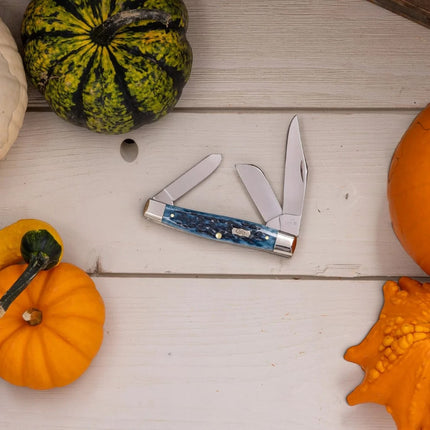 Razor Sharp AZ Case XX Stockman knife with Mediterranean blue jigged bone handle and three stainless steel blades.