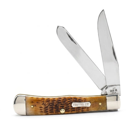 Razor Sharp AZ Case XX Trapper knife with burnt amber jigged bone handles and two polished carbon steel blades.