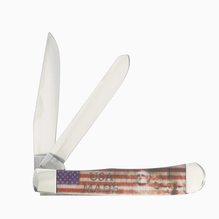 Razor Sharp AZ Case XX Trapper folding knife with patriotic Statue of Liberty handle and mirror-polished steel blades.