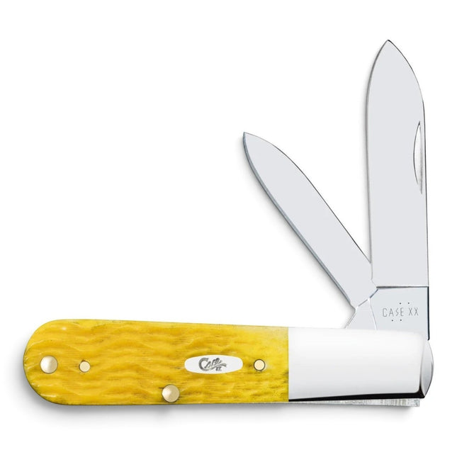 Razor Sharp AZ Case Platts Jig Yellow Bone Barlow pocket knife with two polished steel blades and yellow bone handle