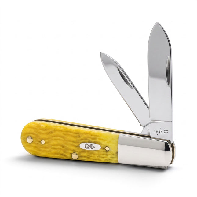 Razor Sharp AZ Case Platts Jig Yellow Bone Barlow pocket knife with two polished stainless steel blades and yellow handle