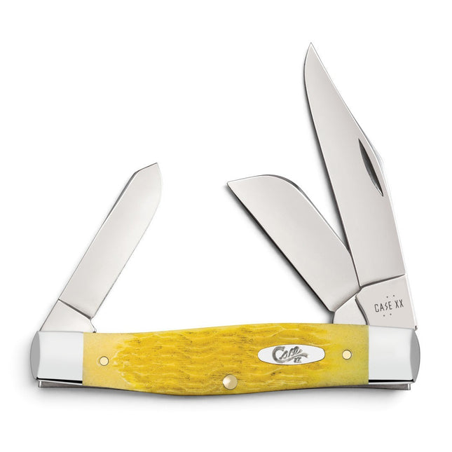 Razor Sharp AZ Case Platts Jig Yellow Bone Large Stockman pocket knife with three mirror-polished stainless blades.