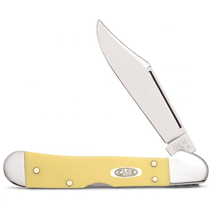 Razor Sharp AZ Case Mini CopperLock pocket knife with a smooth yellow synthetic handle and mirror-polished clip blade.